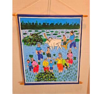 Cambodian Art Oil on Canvas Dowels Tabitha Family Savings Program & NecklaceVTG